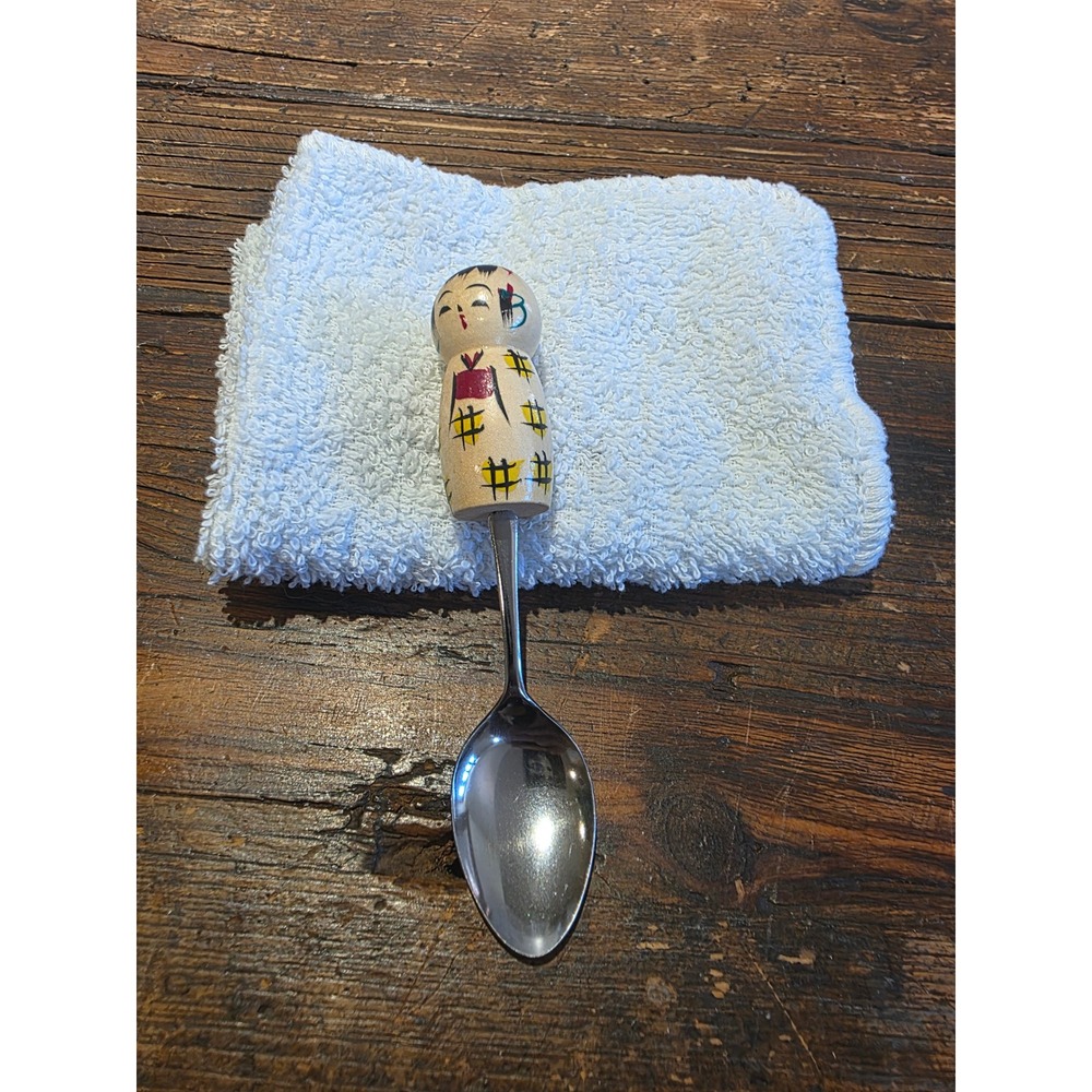 Vintage Japanese Kokeshi Doll Flatware Set 5pc Wooden Hand Painted Spoons Forks - Picture 4 of 4
